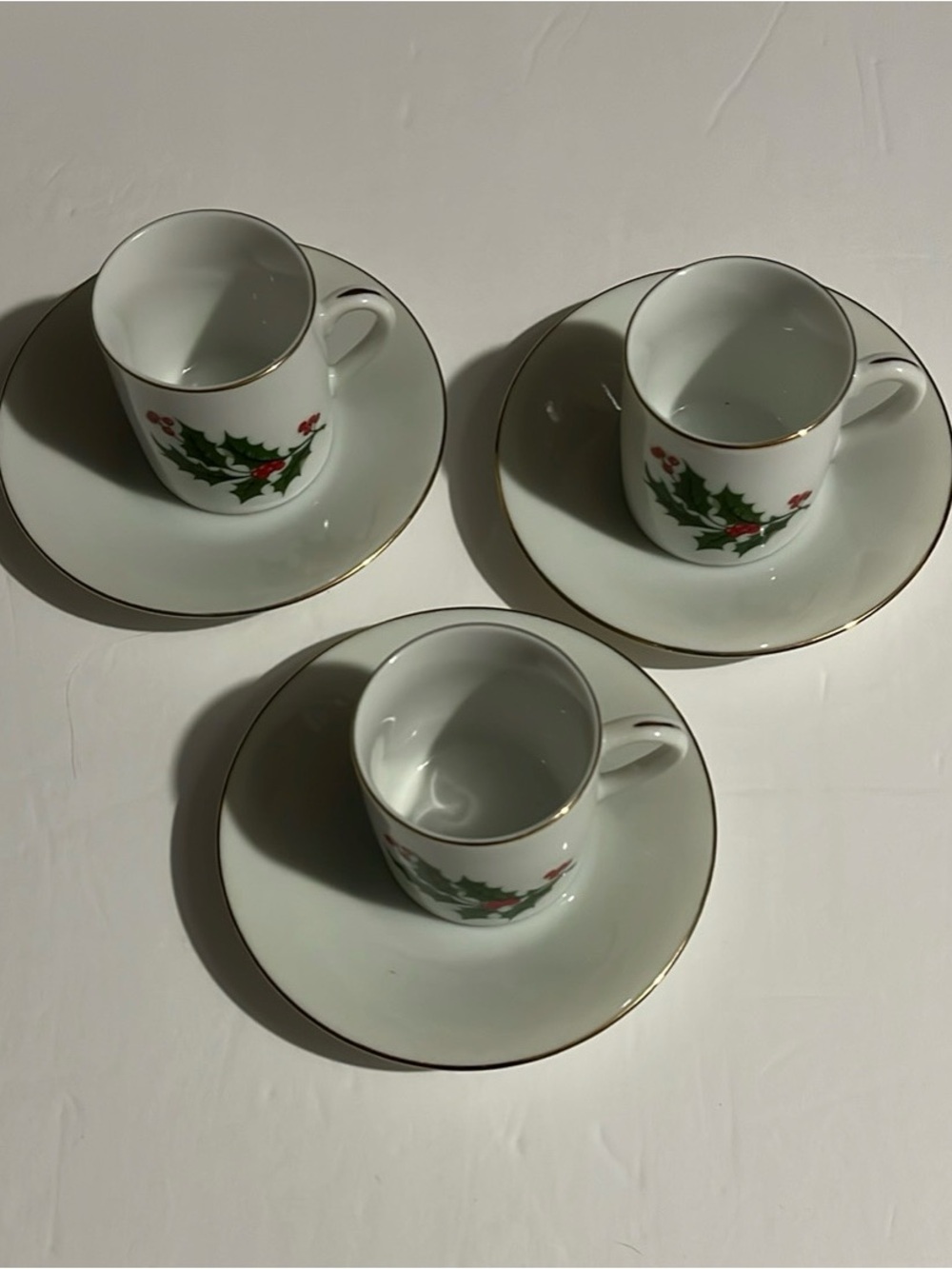 Macy's White China Espresso Cups and Saucers with Holly and Gold Trim